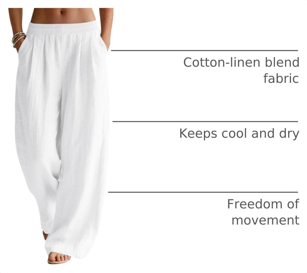 Marites - Linen Blend Wide Leg Palazzo Pants with Elastic Waist and Side Pockets