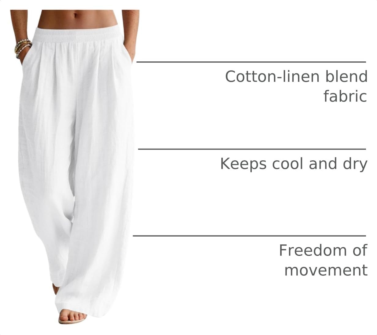 Marites - Linen Blend Wide Leg Palazzo Pants with Elastic Waist and Side Pockets