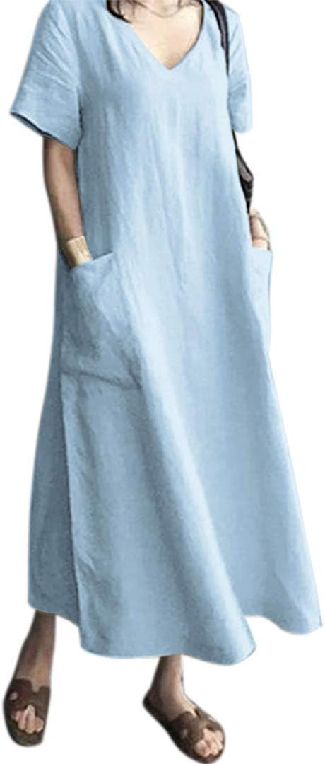 Elara Cotton Blend Maxi Dress – V-Neck Short Sleeve Loose Long Dress with Pockets