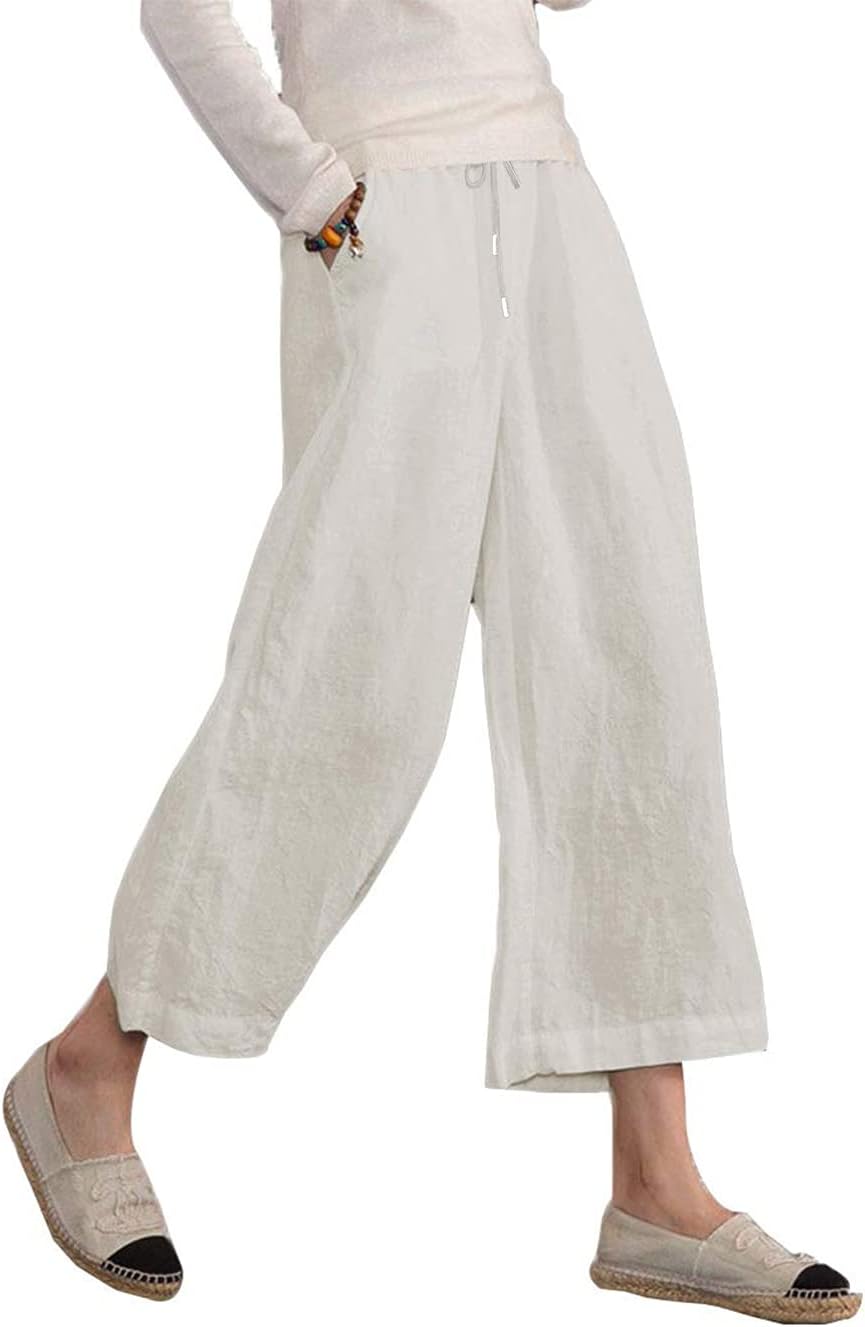 Danica Cotton Linen Blend Wide Leg Cropped Trousers with Drawstring Waist and Pockets