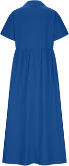 Emelina Cotton Linen Blend Button Front Maxi Dress with Short Sleeves and Pockets