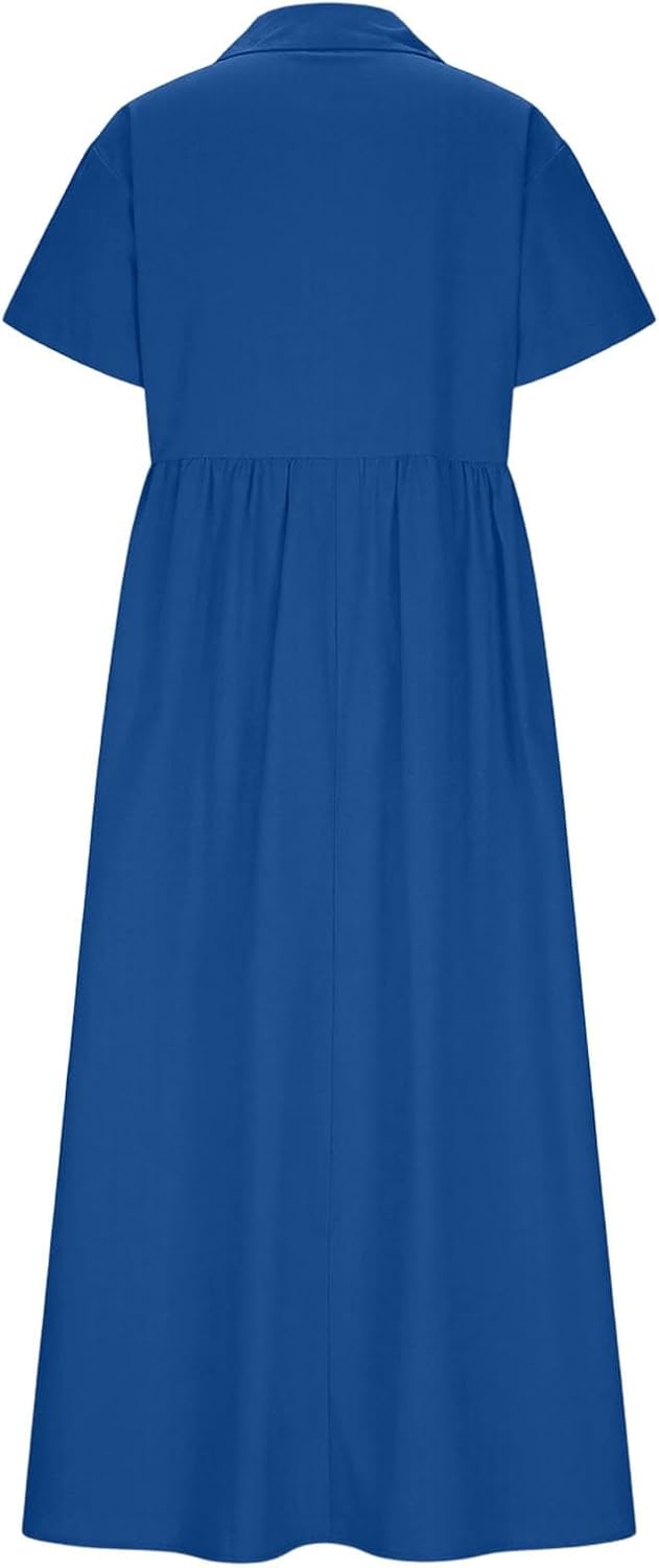 Emelina Cotton Linen Blend Button Front Maxi Dress with Short Sleeves and Pockets
