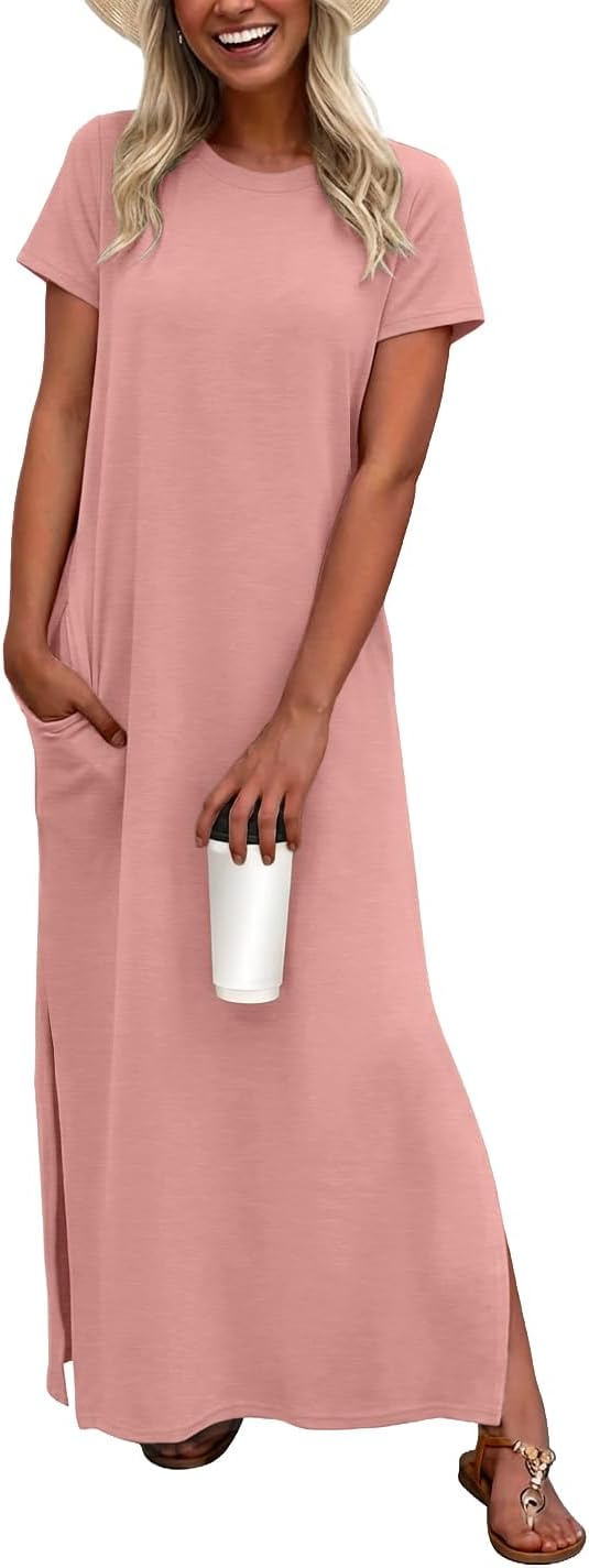 Odette Women's Short Sleeve Maxi Dress with Side Slit & Pockets
