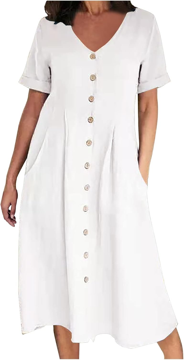 Althea Cotton Linen Blend Button Front Midi Dress with V-Neck and Side Pockets