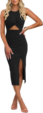 Selene Women's Ribbed Knit Bodycon Midi Dress with Twist Front Cut-Out & Side Slit