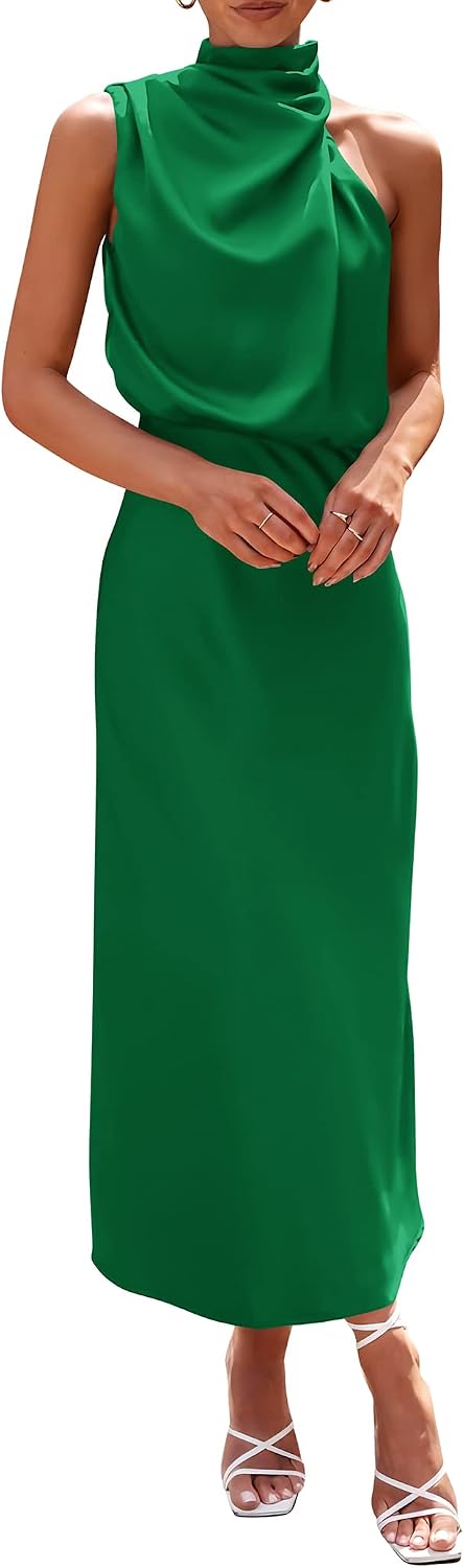 Vivienne Women's Satin Mock Neck Maxi Dress with Asymmetrical Shoulder & Flowy Skirt