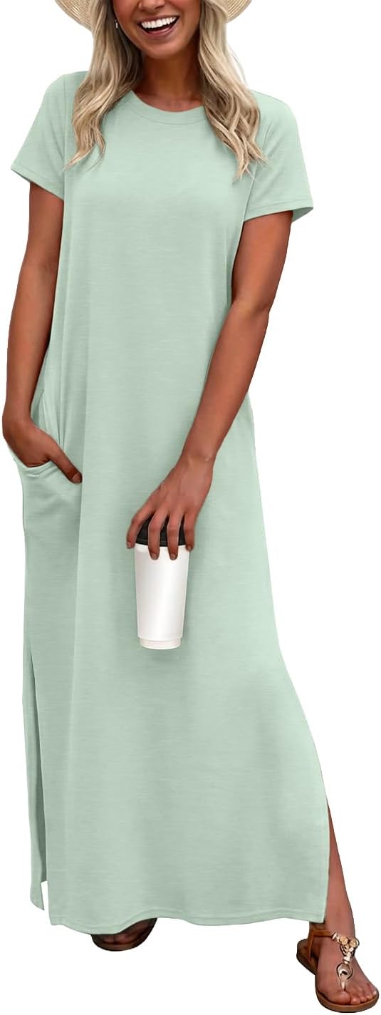 Odette Women's Short Sleeve Maxi Dress with Side Slit & Pockets