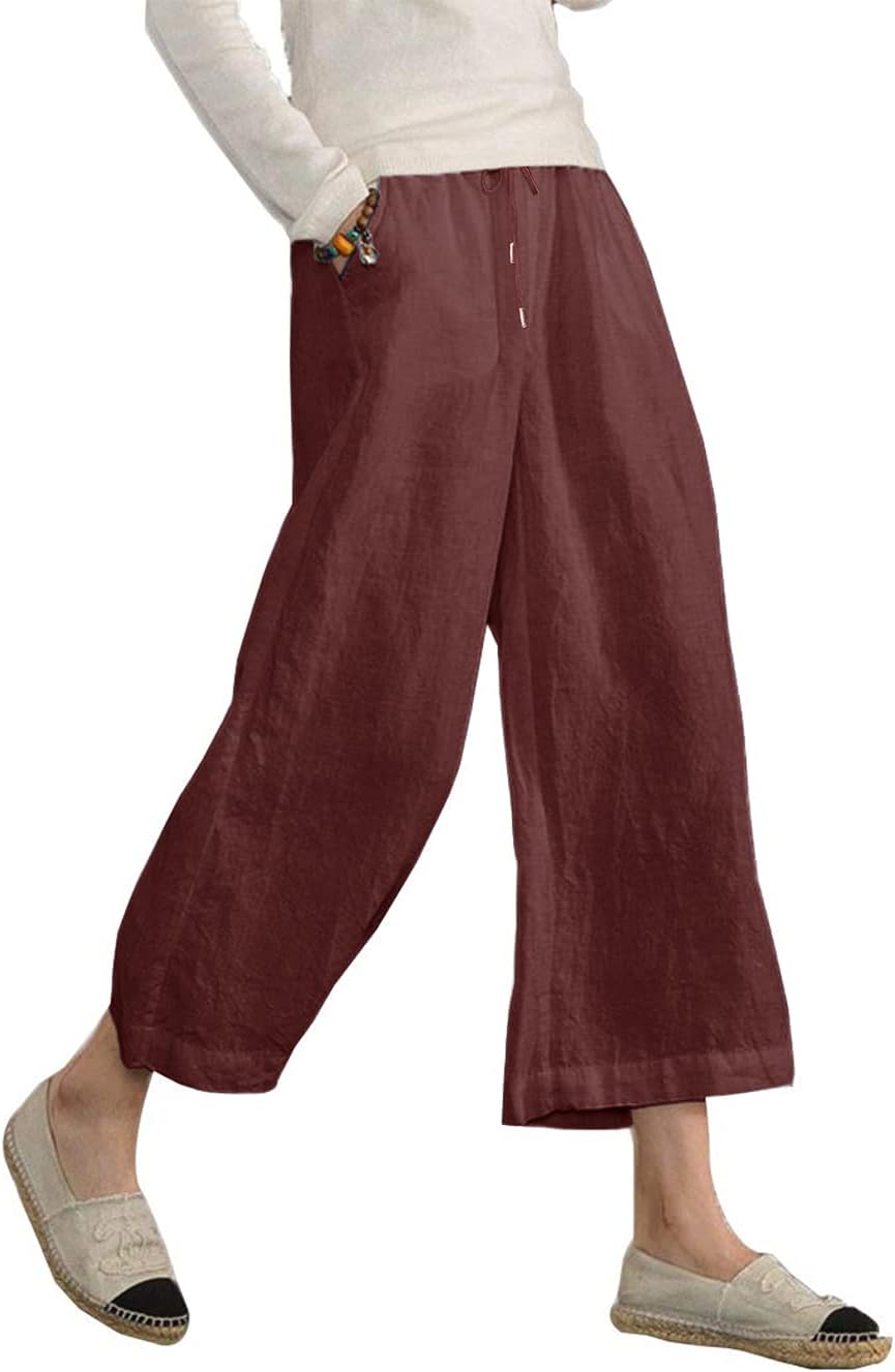Danica Cotton Linen Blend Wide Leg Cropped Trousers with Drawstring Waist and Pockets