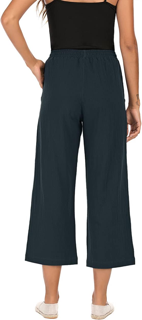 Danica Cotton Linen Blend Wide Leg Cropped Trousers with Drawstring Waist and Pockets