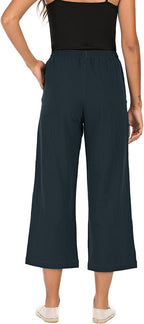 Danica Cotton Linen Blend Wide Leg Cropped Trousers with Drawstring Waist and Pockets
