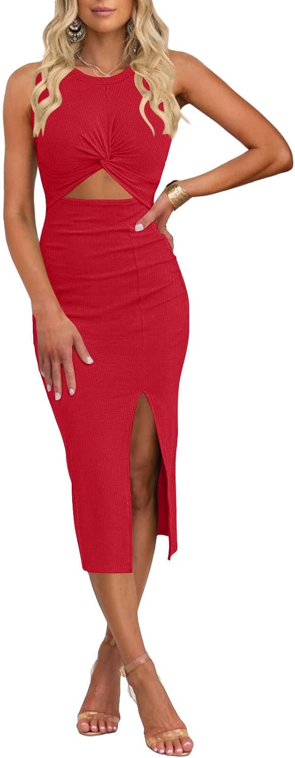 Selene Women's Ribbed Knit Bodycon Midi Dress with Twist Front Cut-Out & Side Slit