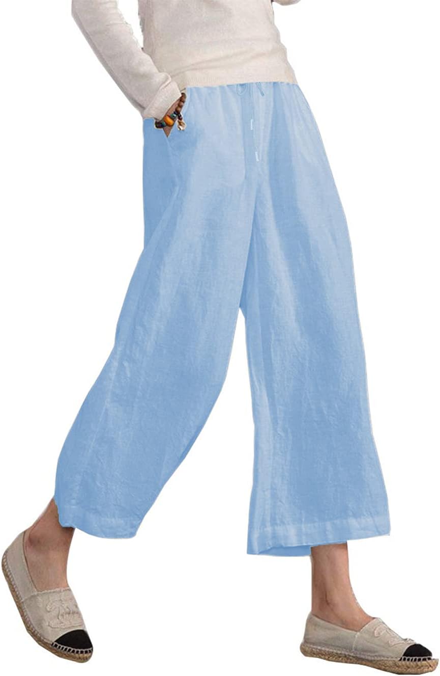 Danica Cotton Linen Blend Wide Leg Cropped Trousers with Drawstring Waist and Pockets