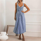 Delphine Women's Sleeveless Button-Front Denim Midi Dress with Smocked Back & A-Line Skirt
