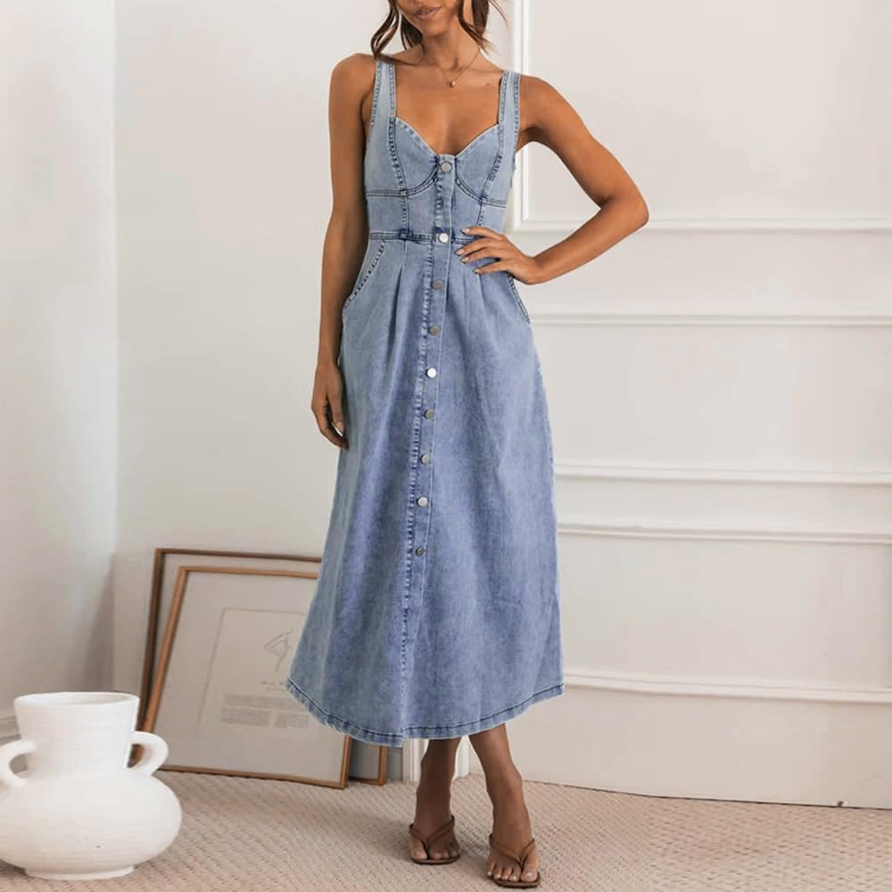 Delphine Women's Sleeveless Button-Front Denim Midi Dress with Smocked Back & A-Line Skirt
