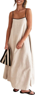 Virelle Women's Linen Maxi Dress with Contrast Trim, Adjustable Straps & Back Tie