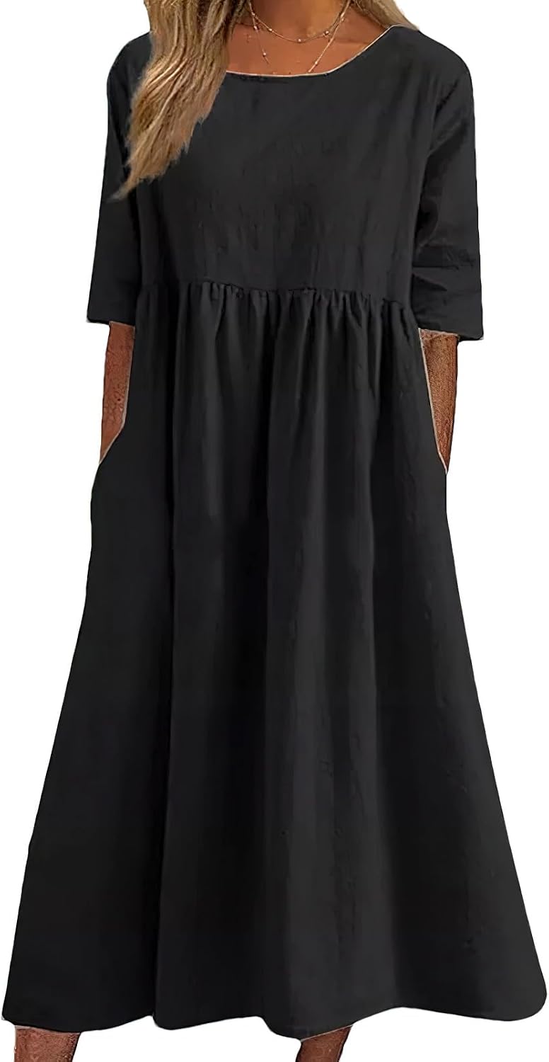 Elowen Cotton Linen Blend Maxi Dress with Round Neck, Short Sleeves and Side Pockets