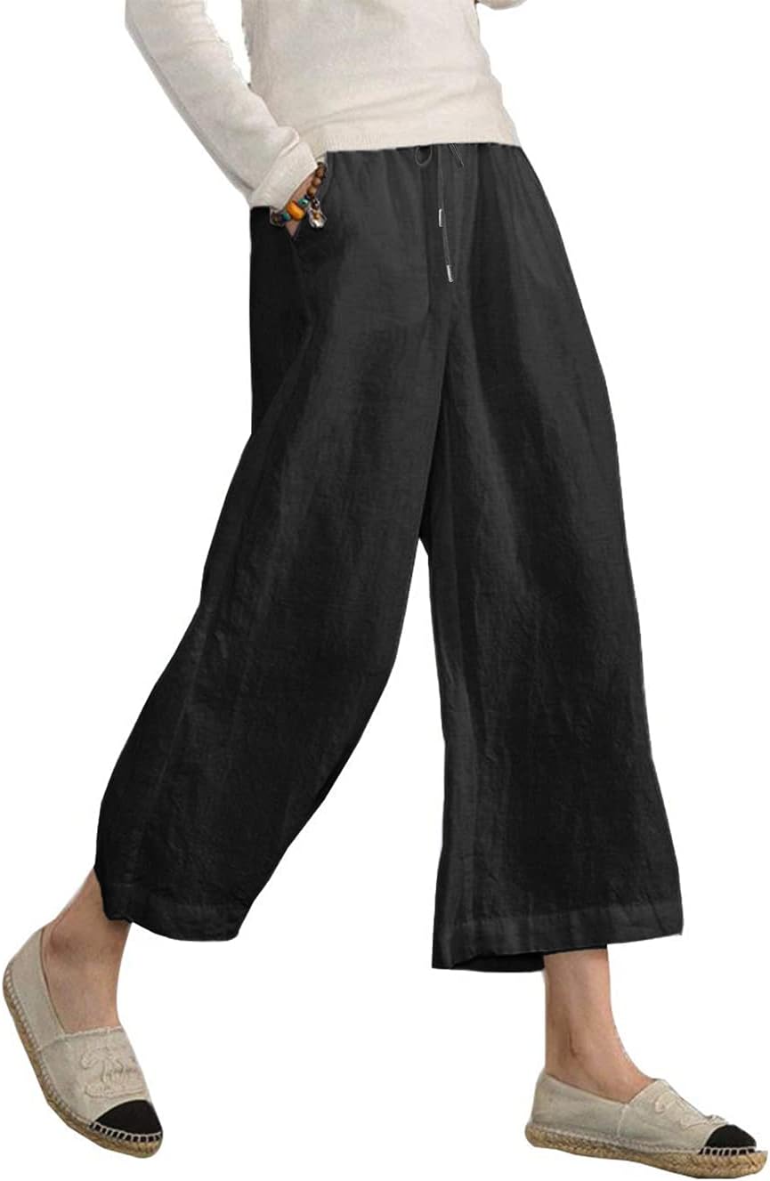 Danica Cotton Linen Blend Wide Leg Cropped Trousers with Drawstring Waist and Pockets