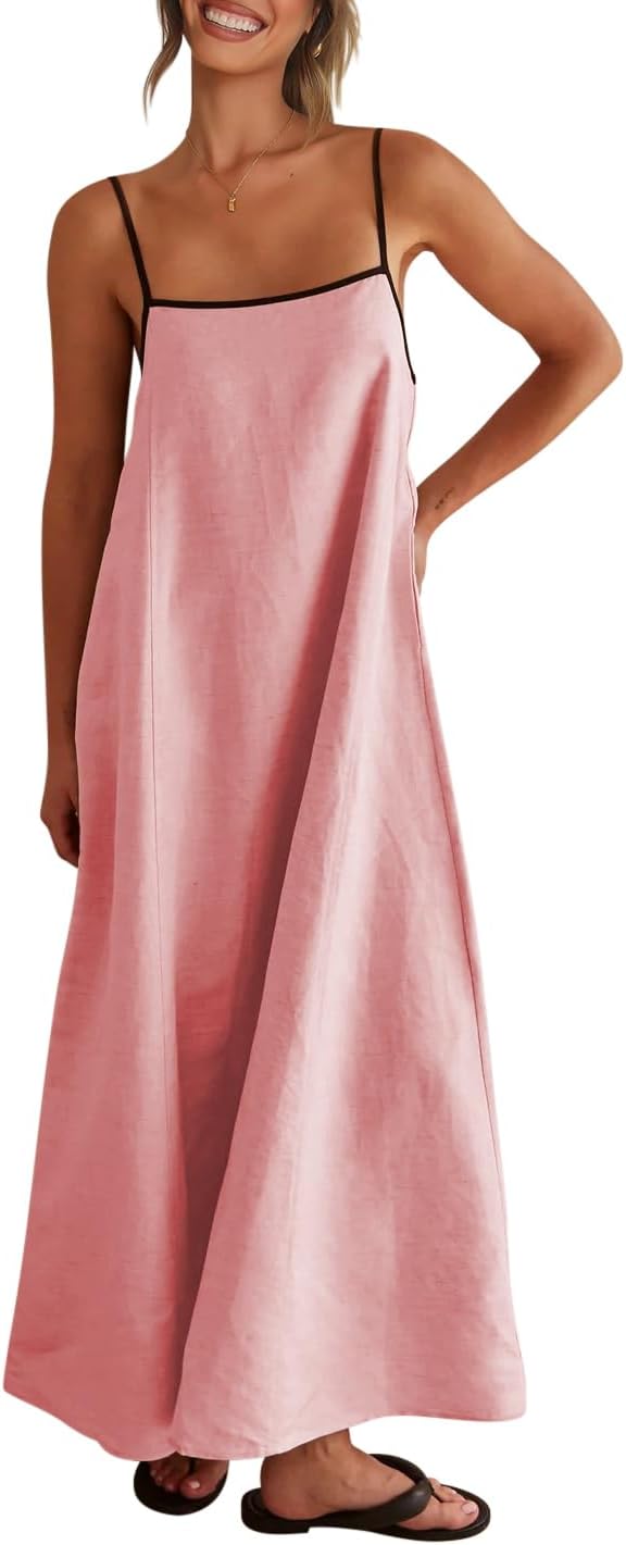 Virelle Women's Linen Maxi Dress with Contrast Trim, Adjustable Straps & Back Tie