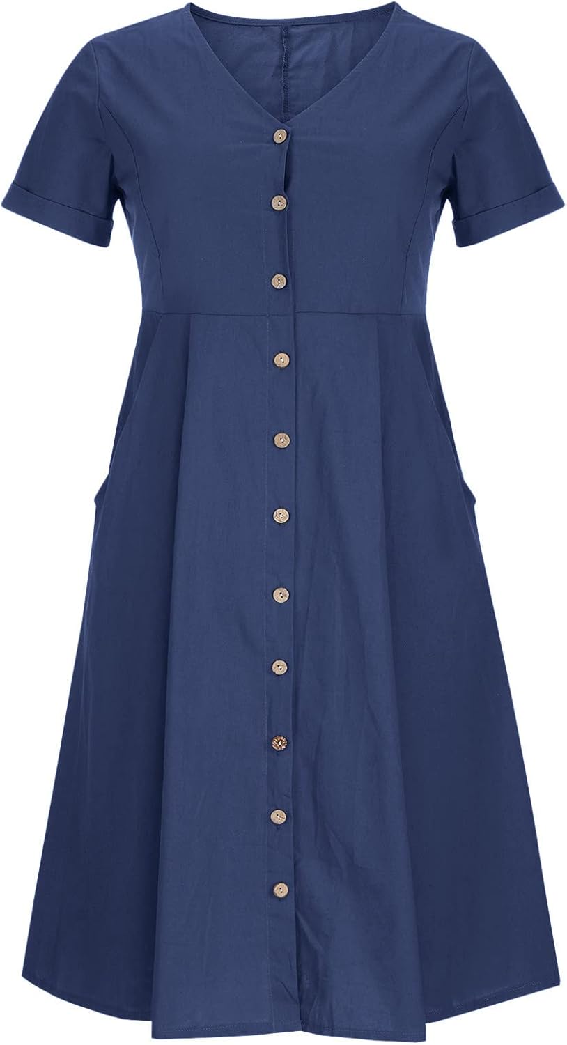 Althea Cotton Linen Blend Button Front Midi Dress with V-Neck and Side Pockets