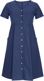 Althea Cotton Linen Blend Button Front Midi Dress with V-Neck and Side Pockets