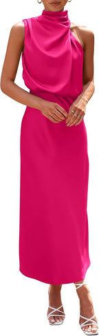 Vivienne Women's Satin Mock Neck Maxi Dress with Asymmetrical Shoulder & Flowy Skirt