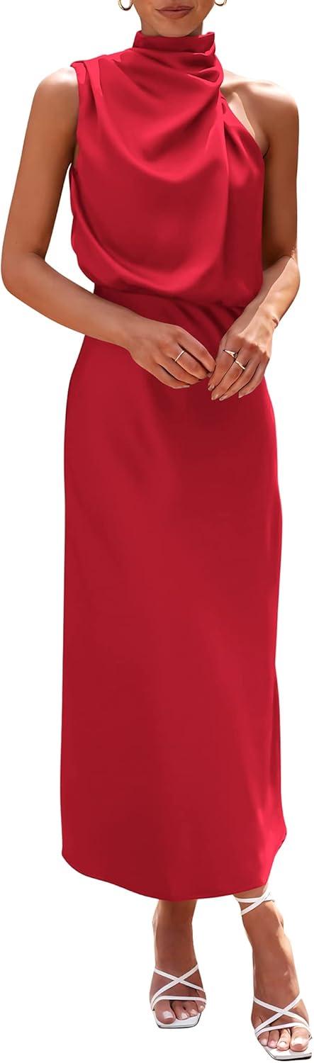 Vivienne Women's Satin Mock Neck Maxi Dress with Asymmetrical Shoulder & Flowy Skirt