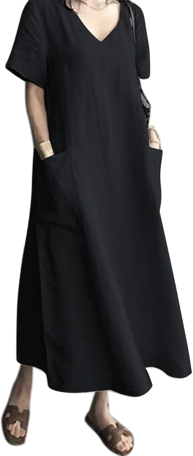 Elara Cotton Blend Maxi Dress – V-Neck Short Sleeve Loose Long Dress with Pockets