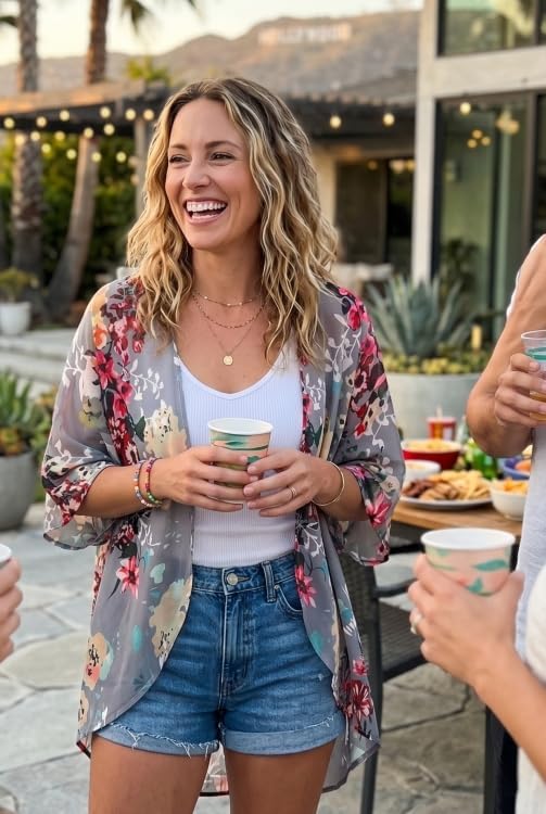 Giselle - Floral Chiffon Open Front Kimono Cardigan Beach Cover Up for Women