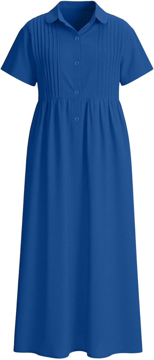Emelina Cotton Linen Blend Button Front Maxi Dress with Short Sleeves and Pockets