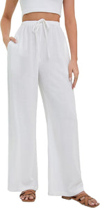 Mireille Linen Blend Wide Leg Summer Trousers with Drawstring Waist and Side Pockets