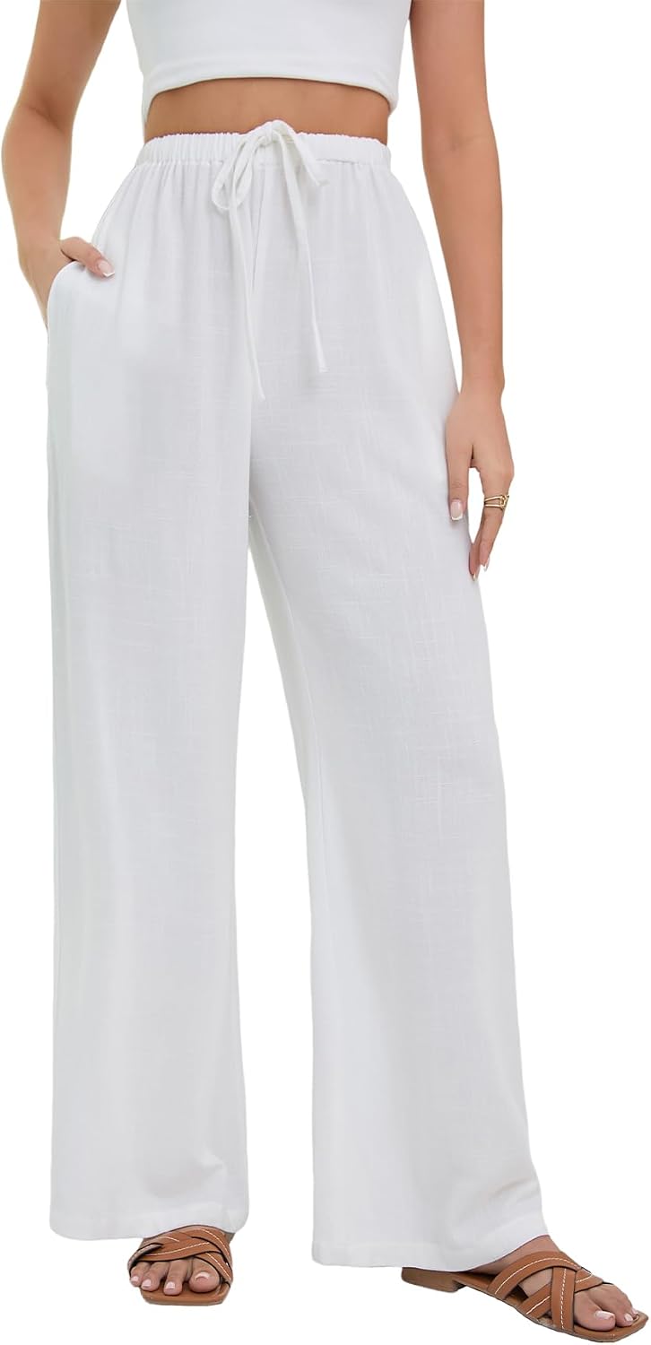 Mireille Linen Blend Wide Leg Summer Trousers with Drawstring Waist and Side Pockets