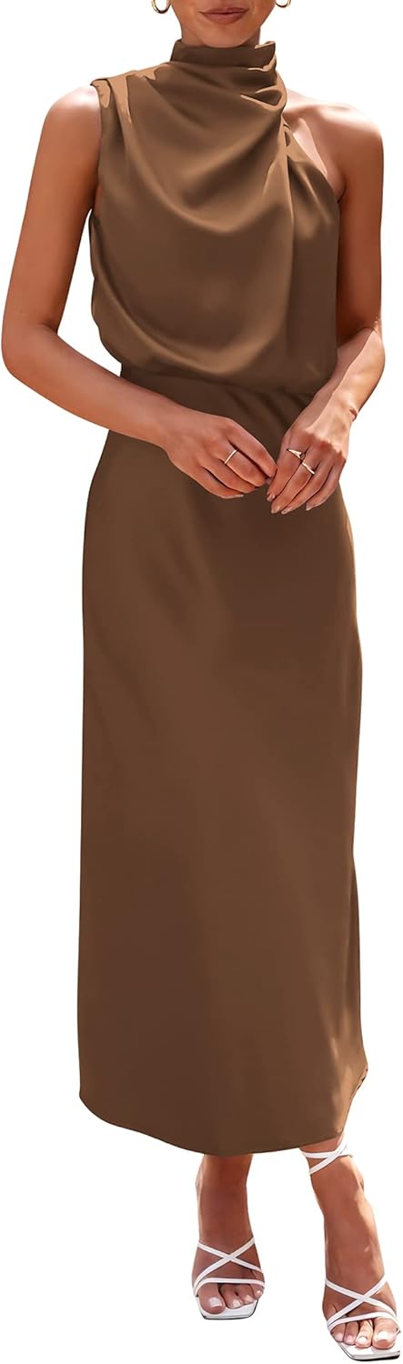 Vivienne Women's Satin Mock Neck Maxi Dress with Asymmetrical Shoulder & Flowy Skirt