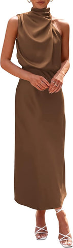 Vivienne Women's Satin Mock Neck Maxi Dress with Asymmetrical Shoulder & Flowy Skirt