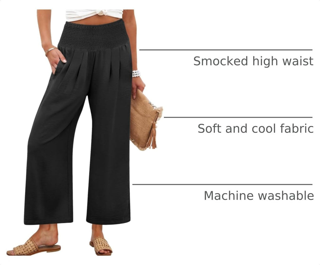 Lisette Women's High-Waisted Wide Leg Palazzo Pants with Smocked Waist & Pockets