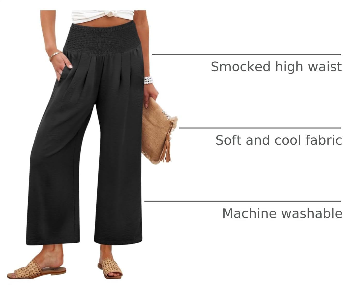 Lisette Women's High-Waisted Wide Leg Palazzo Pants with Smocked Waist & Pockets