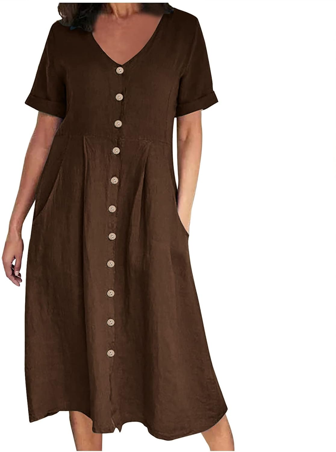Althea Cotton Linen Blend Button Front Midi Dress with V-Neck and Side Pockets