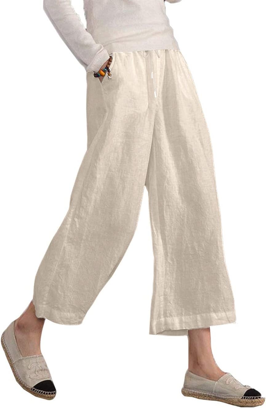 Danica Cotton Linen Blend Wide Leg Cropped Trousers with Drawstring Waist and Pockets