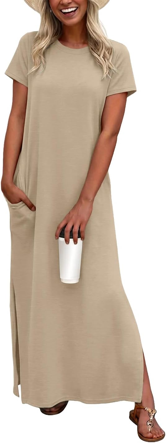 Odette Women's Short Sleeve Maxi Dress with Side Slit & Pockets