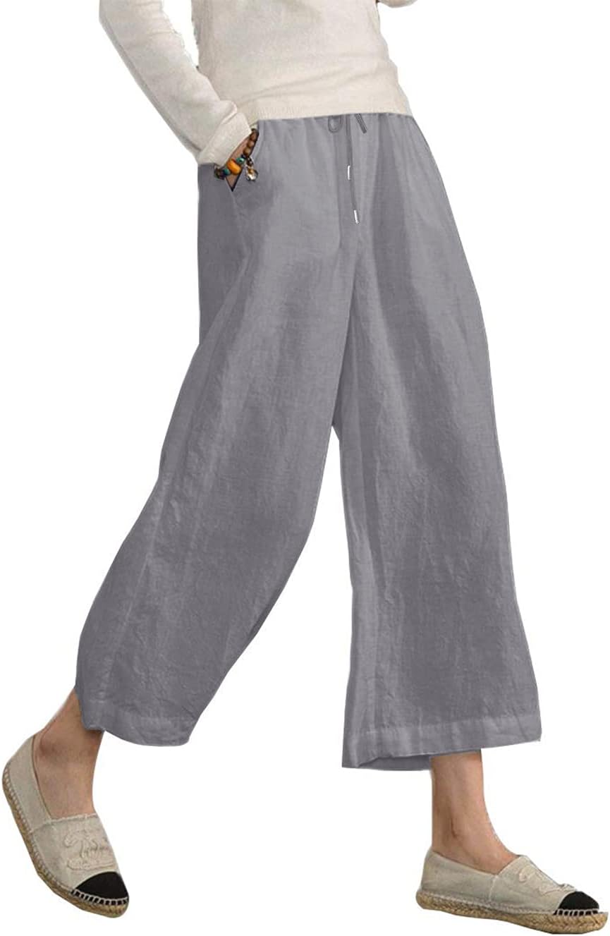 Danica Cotton Linen Blend Wide Leg Cropped Trousers with Drawstring Waist and Pockets