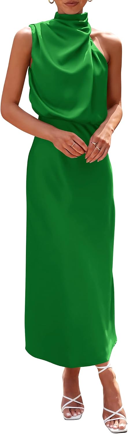 Vivienne Women's Satin Mock Neck Maxi Dress with Asymmetrical Shoulder & Flowy Skirt