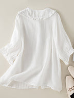 Genevieve Women's Cotton Linen Blouse – Relaxed Fit Shirt with Ruffled Peter Pan Collar