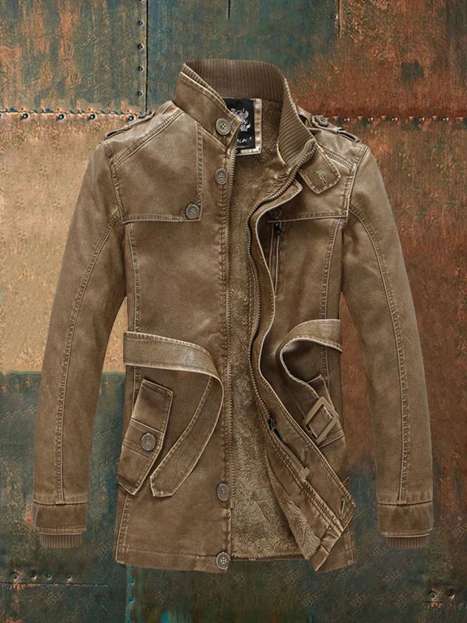Lucien Men's Vintage Leather Jacket – Classic Buttoned Jacket with Warm Lining