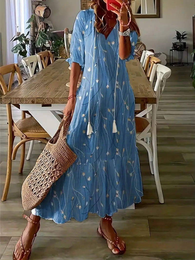 Charlotte Women’s Boho Dress – Ikat Print Summer Dress with V-Neck & Ruffle Details