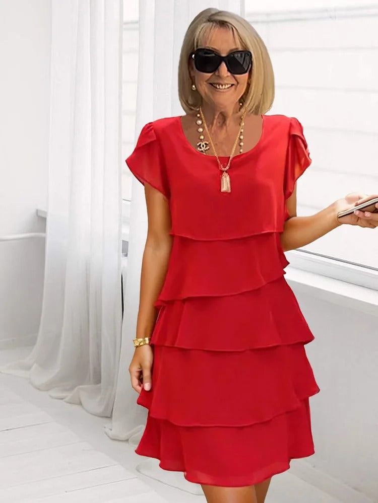 Seren Women's Layered Chiffon Midi Dress with Asymmetrical Hem & Short Sleeves