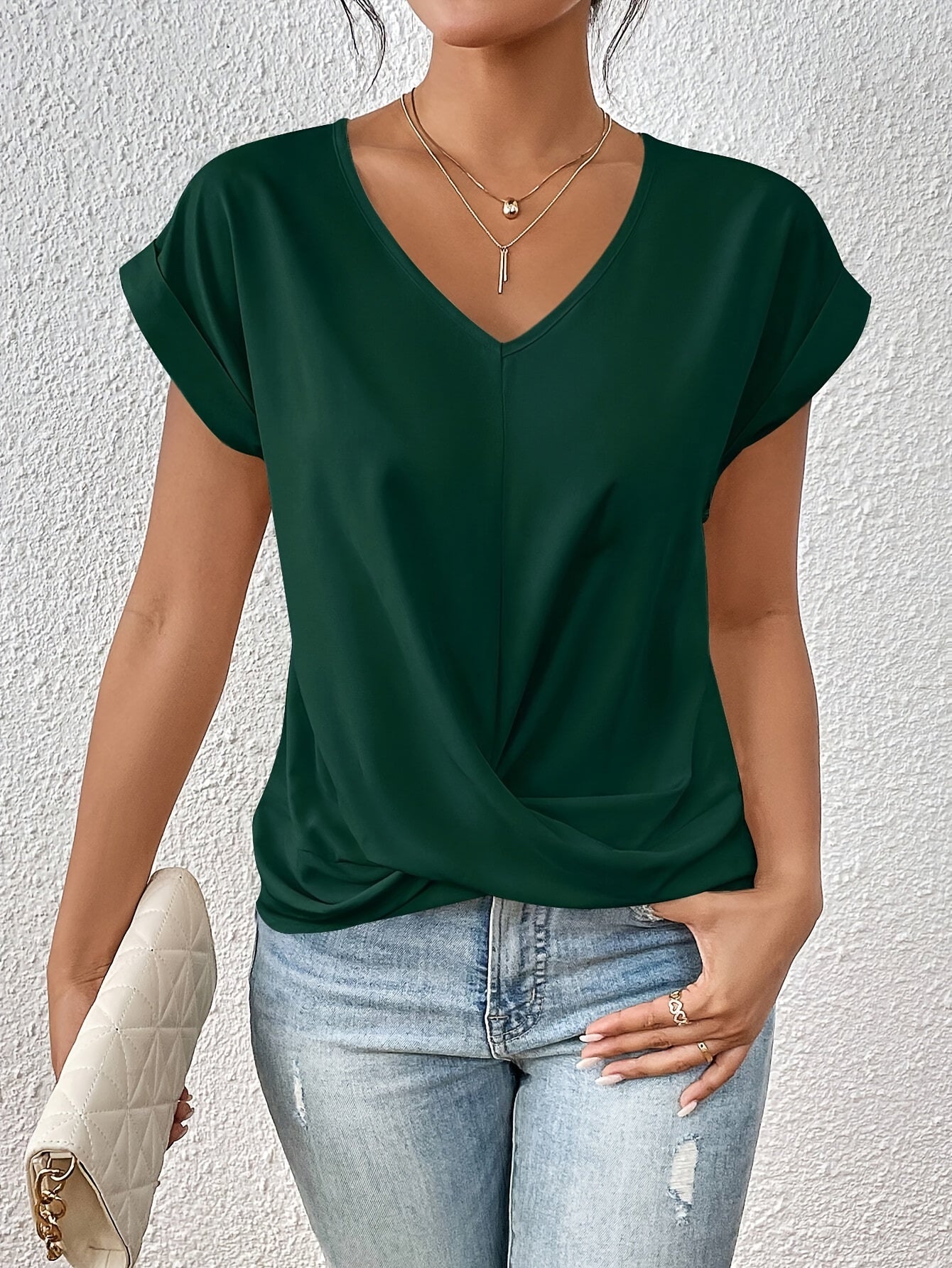 Elina Women's V-Neck Top – Elegant Draped Blouse with Knot Detail