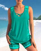 Bienna Women’s Tankini Set – Geometric Swimwear with Built-In Support & Shorts