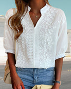 Barnaby Women's Blouse – V-Neckline Top with Puff Sleeves, Cotton-Blend Fabric & Patchwork Accents