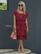 Seren Women's Layered Chiffon Midi Dress with Asymmetrical Hem & Short Sleeves
