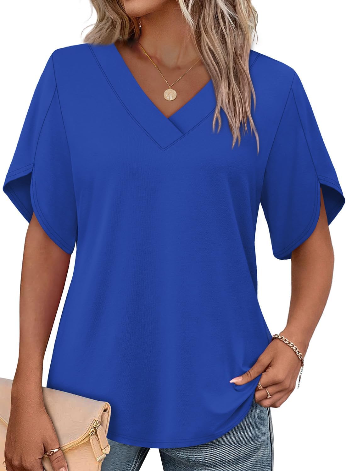 Floriane Women's V-Neck Petal Sleeve Blouse with Relaxed Everyday Fit