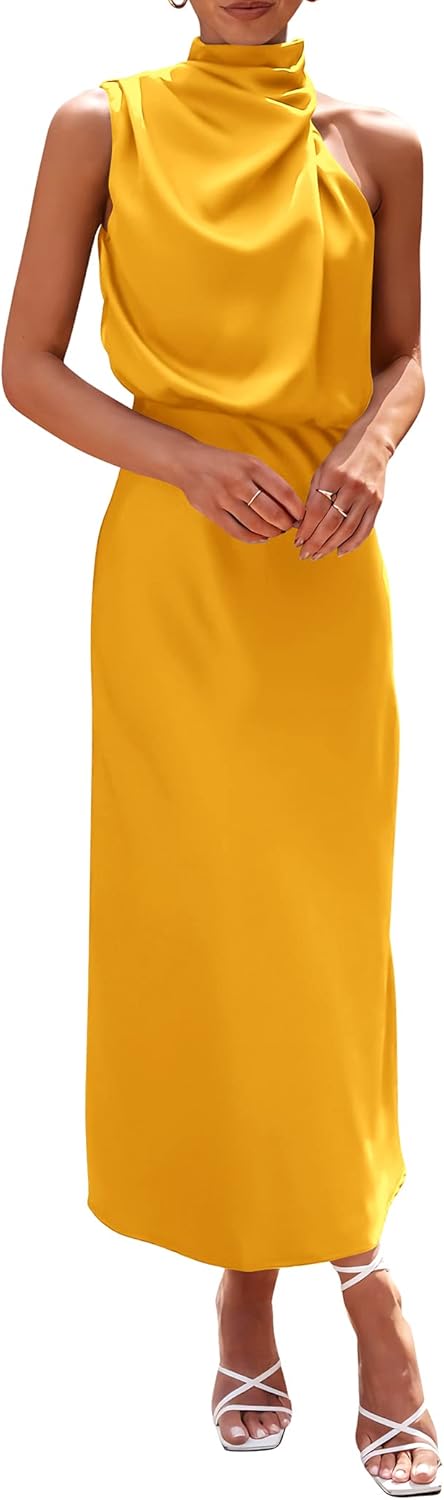 Vivienne Women's Satin Mock Neck Maxi Dress with Asymmetrical Shoulder & Flowy Skirt